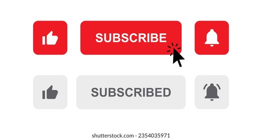 youtube subscribe button with like icon and notification bell alarm symbol, mouse cursor click icon, subscribed button with thumbs up