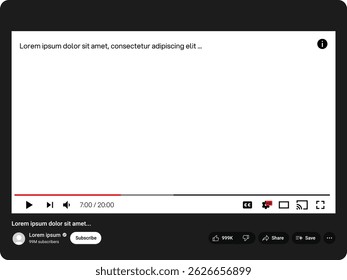 Youtube video player layout. Youtube video frame template layout mockup. Youtube user interface mockup social media template. Youtube ui video	
