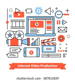 Youtuber Video Production Studio And Social Media Marketing. Independent Clip And Film-making. Thin Line Art Flat Illustration With Icons.