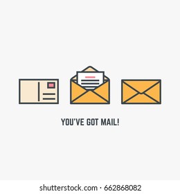 You've got mail concept. Line style flat modern vector illustration with retro colors. Closed envelop, postcard with postage stamp and opened envelope with letter or document in it. 