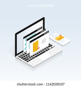  You've got mail,isometric Email laptop notifications vector