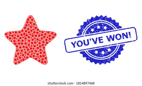 You'Ve Won! textured stamp seal and vector recursion composition red star. Blue stamp seal includes You'Ve Won! text inside rosette. Vector collage is organized with randomized rotated red star items.