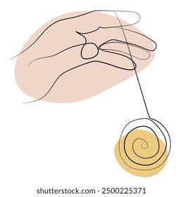 Yoyo or yo-yo continuous line drawing With Abstract color Shapes. One line art international yoyo day vector illustration. Simple hand drawn toy in hand. Design Art Element for Print, Template, Card