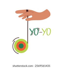 Yo-Yo in human hand doing different tricks. Vector illustration of popular toy from 90s.