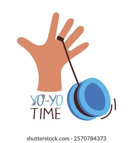 Yo-Yo in human hand doing different tricks. Vector illustration of popular toy from 90s. Active games for kids and adults, icon