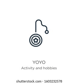 Yoyo icon. Thin linear yoyo outline icon isolated on white background from activity and hobbies collection. Line vector sign, symbol for web and mobile