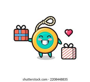 yoyo mascot cartoon giving the gift , cute design