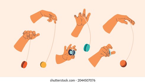Yo-yo toy. Big set of hands in various poses playing yo-yo. Vector isolated elements.