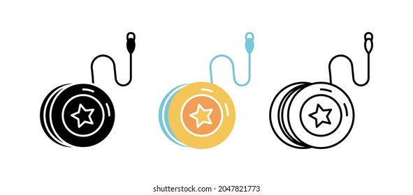 Yoyo toy icon set. Fun and game icon. Child toy set. Editable row set. Silhouette, colored, linear icon set.