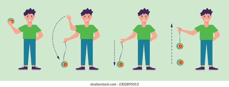 Yo-yo toy. Set of boy in various poses playing yo-yo. Vector isolated elements.