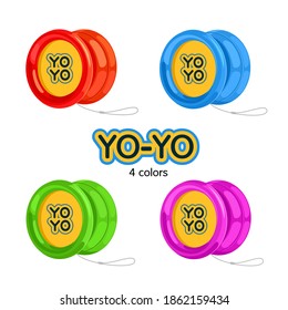 Yo-yo with white thread, 4 colored toys. Icons. Vector illustration