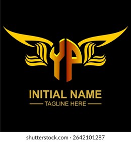 YP Golden Wing Emblem Logo with elegant gold wings, sleek and modern design. Ideal for branding, creative projects, luxury businesses, or artistic ventures.
