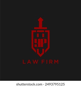 Monograma inicial de YP para bufete de abogados con Imagen de espada y escudo