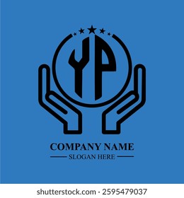 YP initials held within hands, symbolizing trust and protection. The circle represents unity, while stars highlight excellence and ambition.