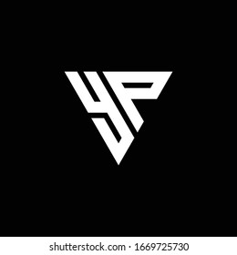 Monograma de la letra del logotipo de YP con la plantilla de diseño de forma triangular aislada en fondo negro