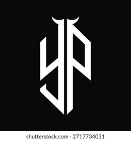 Monograma de YP Logo con forma de cuerno aislado Plantilla de diseño en blanco y negro sobre fondo negro
