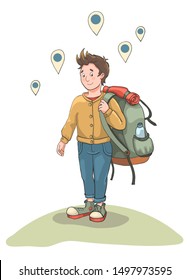 a ypung brown haired man wearing jeans and yellow mustard jaket set off to travel with a big green backpack with destinations signs above him - hand drawn cartoon vector illustration