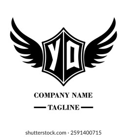 YQ bold shield logo with wings, customizable with letters A to Z. Perfect for brands seeking a powerful symbol of strength, freedom, and ambition