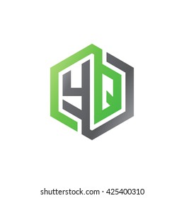 YQ initial letters looping linked hexagon logo black gray green
