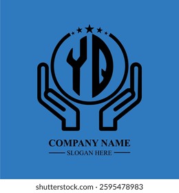 YQ initials held within hands, symbolizing trust and protection. The circle represents unity, while stars highlight excellence and ambition.