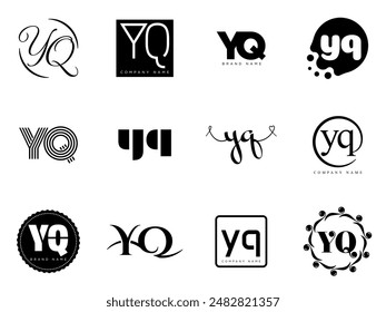 YQ logo company template. Letter y and q logotype. Set different classic serif lettering and modern bold text with design elements. Initial font typography. Collection trendy business identity.