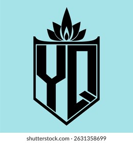 YQ Logo featuring a minimalist design with a crown-like flower symbol on top, bold black elements, and a soft blue background, perfect for branding and modern visual identity.