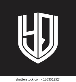 Monograma del logotipo YQ con diseño de escudo de emblemas aislado en fondo negro