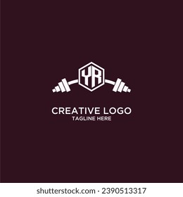 YR initial monogram for fitnes or gym logo with creative shield and barbell design