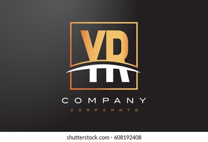 YR Y R Golden Letter Logo Design with Swoosh and Rectangle Square Box Vector Design.