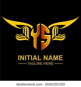 YS Golden Wing Emblem Logo with elegant gold wings, sleek and modern design. Ideal for branding, creative projects, luxury businesses, or artistic ventures.