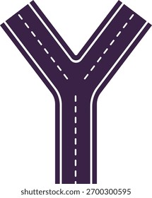 Un cruce de carretera en forma de Y, vista superior, sección de carretera con marcas. Autopista, infraestructura urbana, mapa de navegación. Ilustración plana de Vector. Estilo de dibujos animados. Fondo aislado.