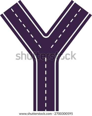 A Y-shaped road junction, top view, section of highway with markings. Motorway, urban infrastructure, navigation map. Vector flat illustration. Cartoon style. Isolated background.