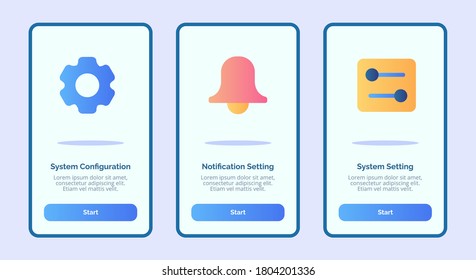 ystem configuration notification setting system setting for mobile apps template banner page UI with three variations modern flat color style