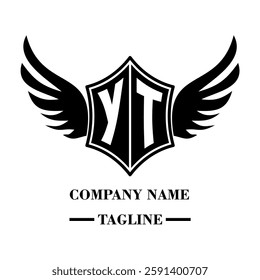 YT bold shield logo with wings, customizable with letters A to Z. Perfect for brands seeking a powerful symbol of strength, freedom, and ambition