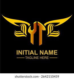 YT Golden Wing Emblem Logo with elegant gold wings, sleek and modern design. Ideal for branding, creative projects, luxury businesses, or artistic ventures.