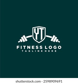YT initial monogram for fitnes or gym logo with creative shield and barbell design