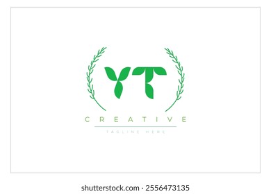 YT letters eco logo with leaf. Fresh nature and healthy leaf logo design.