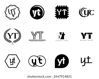 YT logo company template. Letter y and t logotype. Set different classic serif lettering and modern bold text with design elements. Initial font typography. Collection trendy business identity.