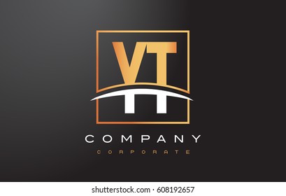 YT Y T Golden Letter Logo Design with Swoosh and Rectangle Square Box Vector Design.