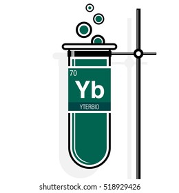Yterbio symbol - Ytterbium in Spanish language - on label in a green test tube with holder. Element number 70 of the Periodic Table of the Elements - Chemistry