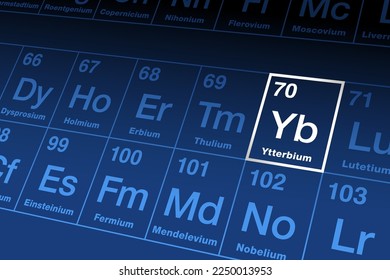 Ytterbium auf periodischer Tabelle. Seltenes Erdmetall in der Lanthanidserie mit Atomnummer 70 und Elementsymbol Yb benannt nach dem schwedischen Dorf Ytterby. Dopant aus rostfreiem Stahl oder aktiven Lasermedien.