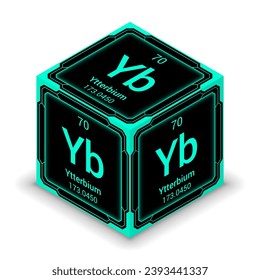 Ytterbium (Yb) (070) - Fundamental Element Futuristic Cybernetic Cube Block Isometric View, Icon Isolated White Background, Periodic Table, Chemical Symbol, Name, Atomic Mass, Atomic Number