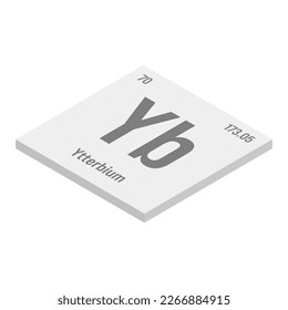Ytterbium, Yb, gray 3D isometric illustration of periodic table element with name, symbol, atomic number and weight. Rare earth metal with various industrial uses, such as in certain types of medical