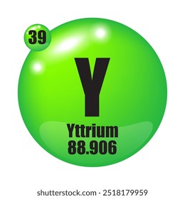 Yttrium icon. Y chemical element. Atomic number 39. Mass 88.906. Green sphere.