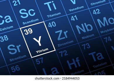 Yttrium on periodic table. Transition metal and rare earth element, with symbol Y, from mineral ytterbite, first identified at Ytterby, Sweden. With the atomic number 39. Used for LEDs and phosphors.