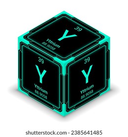 Yttrium (Y) (039) - Fundamental Element Futuristic Cybernetic Cube Block Isometric View, Icon Isolated White Background, Periodic Table, Chemical Symbol, Name, Atomic Mass, Atomic Number