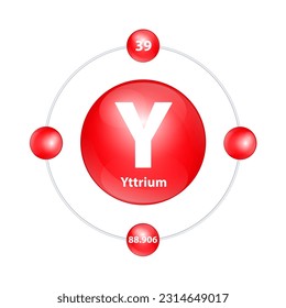 Yttrium (Y) Icon structure chemical element round shape circle light red with surround ring. 3D Illustration vector. Period number shows of energy levels of electron. Study science for education