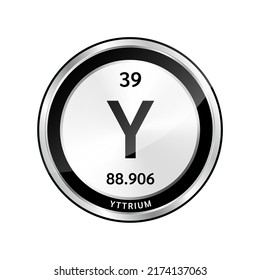 Yttrium (Y) symbol icon and chemical formulas atomic number scientific element. Periodic table in a silver. Ecology biochemistry concept. Isolated spheres on white background. 3D Vector.