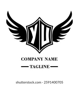YU bold shield logo with wings, customizable with letters A to Z. Perfect for brands seeking a powerful symbol of strength, freedom, and ambition