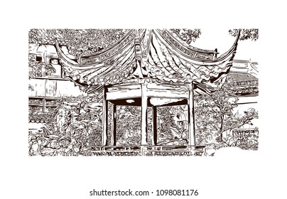 Yu Garden or Yuyuan Garden is an extensive Chinese garden located beside the City God Temple in the northeast of the Old City of Shanghai, China. Hand drawn sketch illustration in vector.